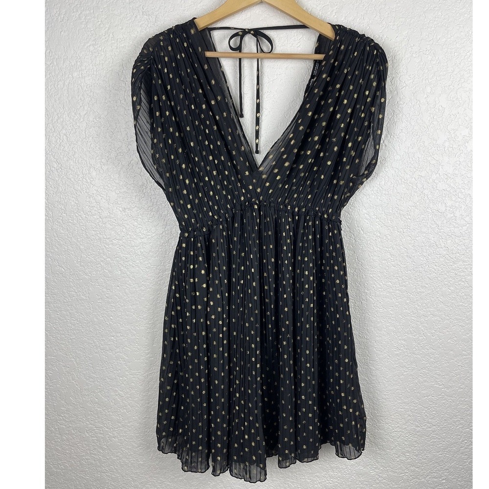 Zara Womens Dress Size Small Black Metallic Gold V-Neck Plunge Dressy Flirty